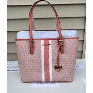 Michael Kors carryall tote bag medium jet set travel purse MK logo sherbert mult